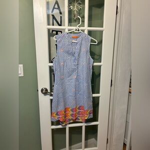 This item is an Oliphant blue white geometric cotton popover tunic sleeveless